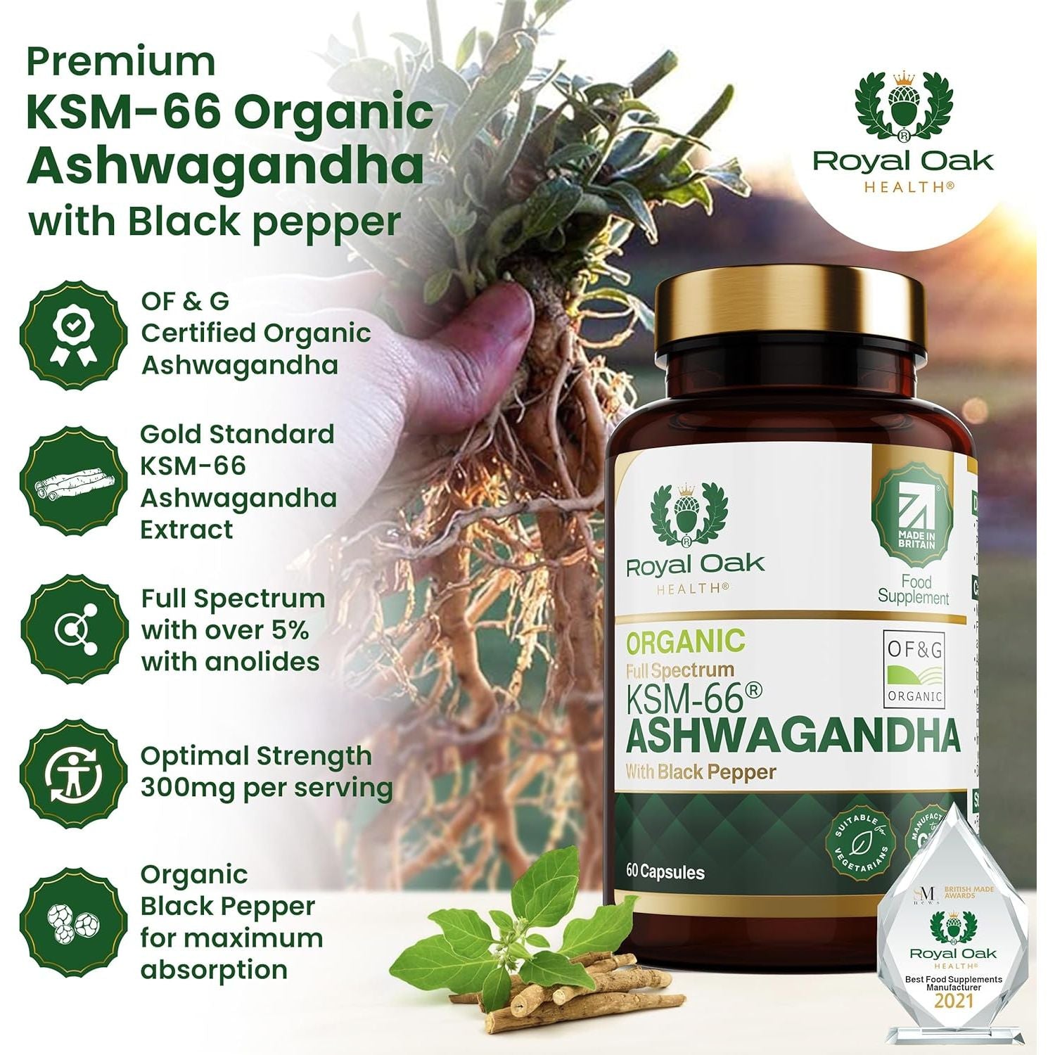 Organic High Concentration Full Spectrum KSM-66 ASHWAGANDHA with 5% Withanolides and Black Pepper, Made in Britain by , 60 Capsules