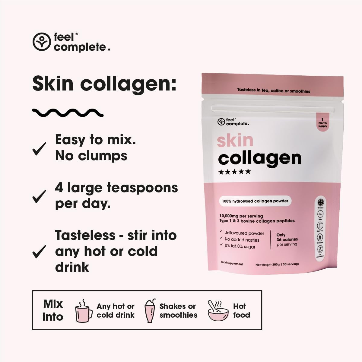 | Tasteless Collagen for Women | Grass Fed & Hydrolysed | Low Calorie | Premium Type 1 & 3 Bovine Collagen Peptides | Halal | anti Ageing | Hair, Skin & Muscles | 300G | 30 Servings